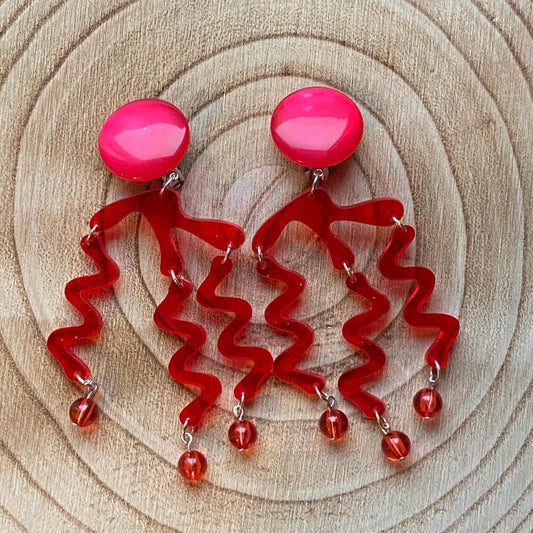 Large clip on acrylic chandelier earrings, modern colourful ear clips