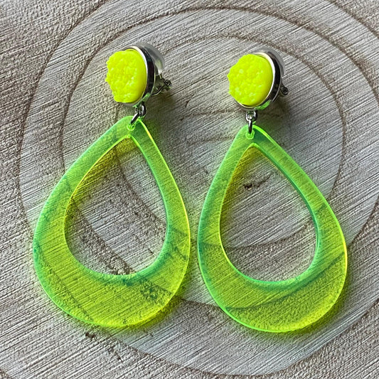 Neon clip on hoop earrings, teardrop earrings