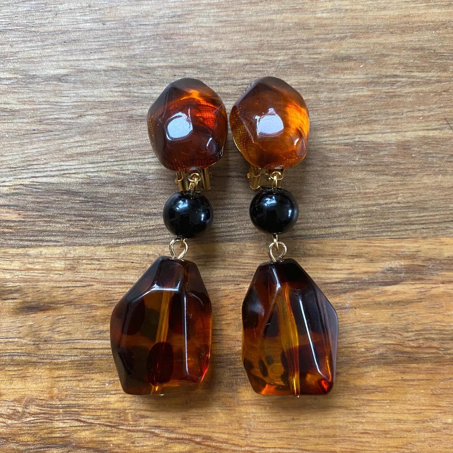 Dangling clip on boho tortoiseshell earrings, dangling neutral brown ear clips
