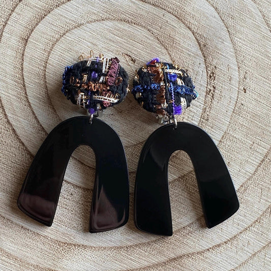 Large clip on acrylic arch earrings, modern tweed and black ear clips