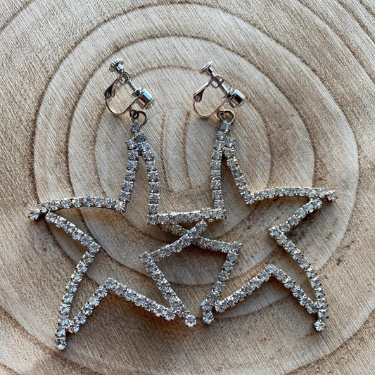 Vintage clip on dangling rhinestone star earrings