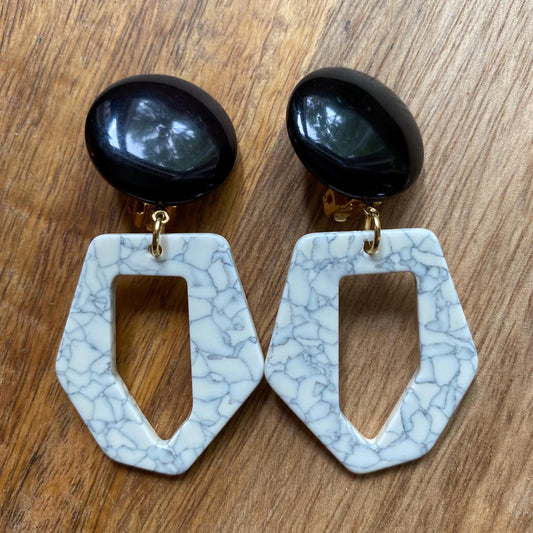 Trendy dangling white drop hoop clip on earrings,  neutral clip on earrings for unpierced ears