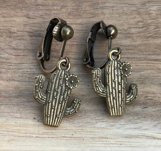 Dangling cactus clip on earrings, metal ear clips