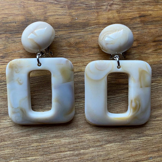 Large clip on square dangle earrings, modern marbled square ear clips