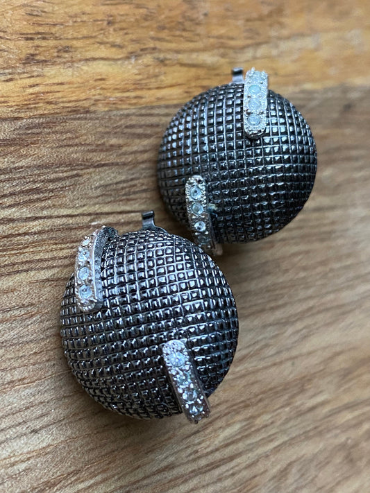 Vintage Butler clip on gunmetal dome earrings with rhinestone accents, vintage clip on earrings
