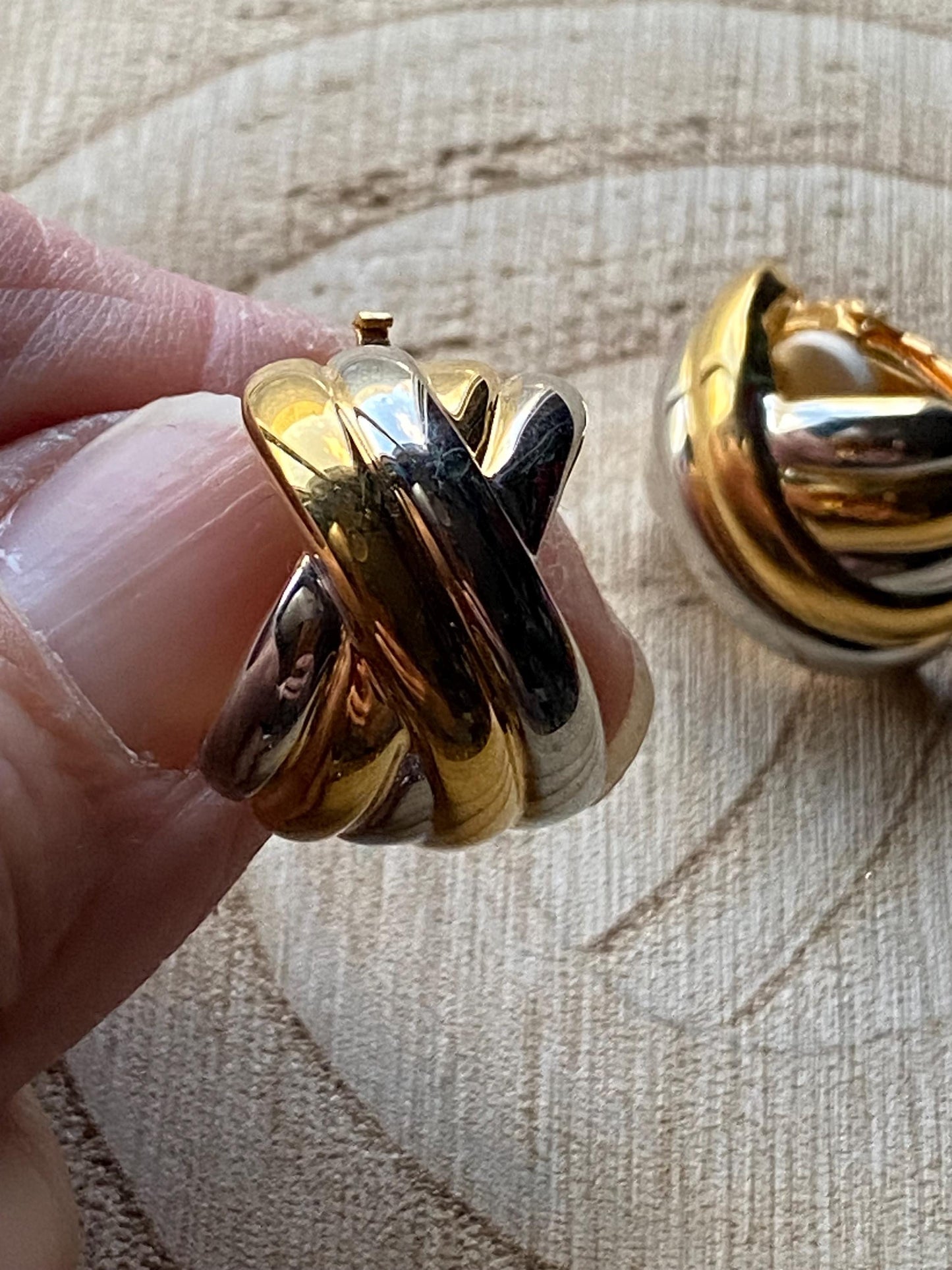 Vintage FAC/Butler clip on earrings, silver and gold half hoops, gold and silver x hoops