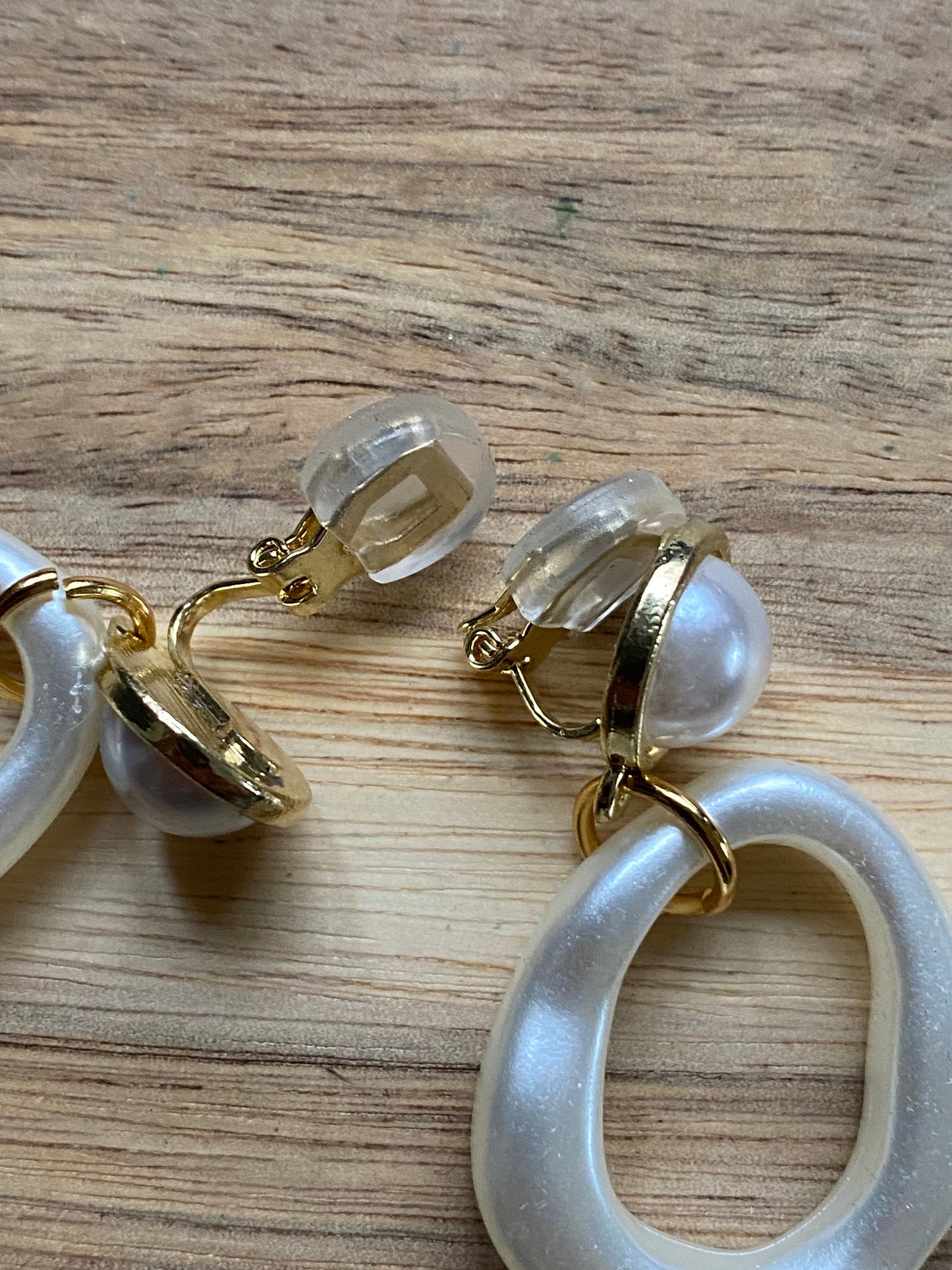 Clip on dangling faux pearl hoop earrings, irregular hoops
