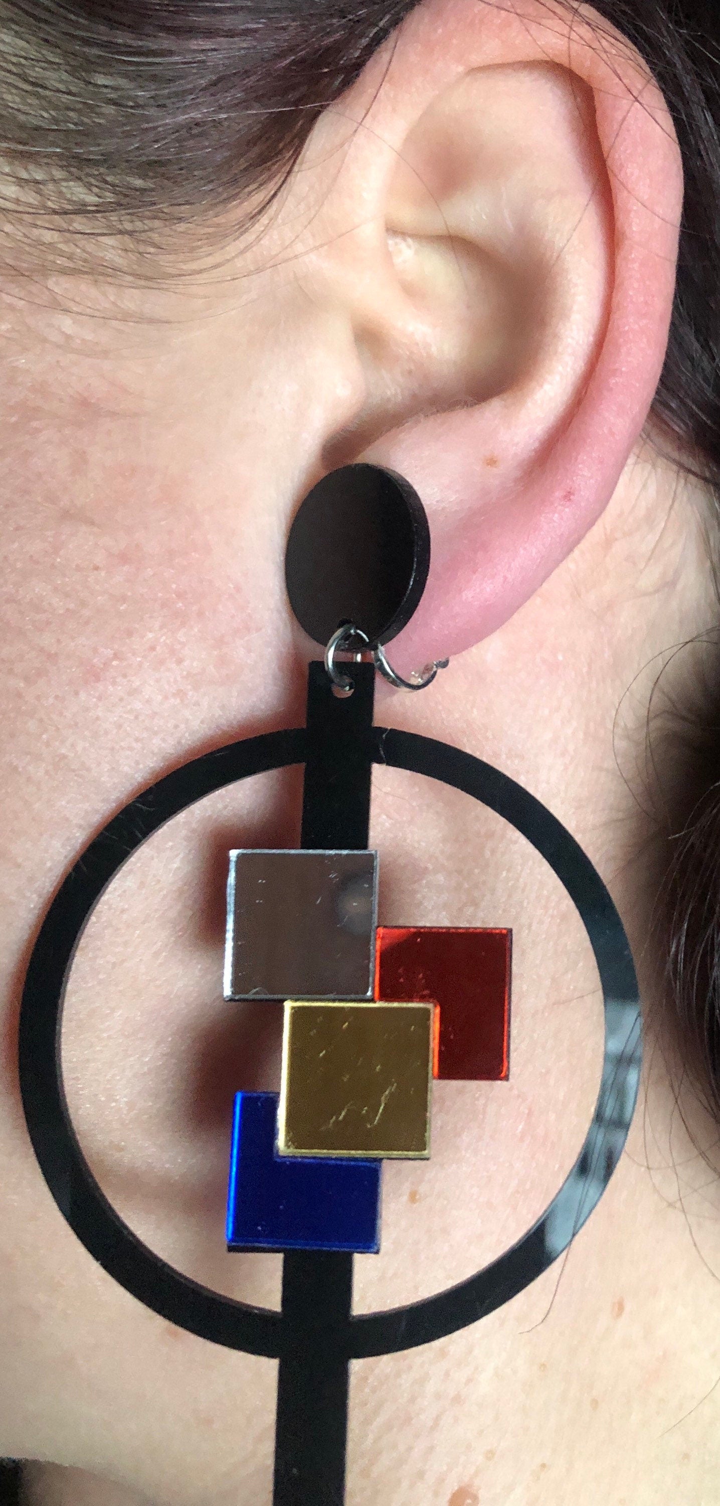 Big trendy dangling laser cut plastic  hoop clip on earrings