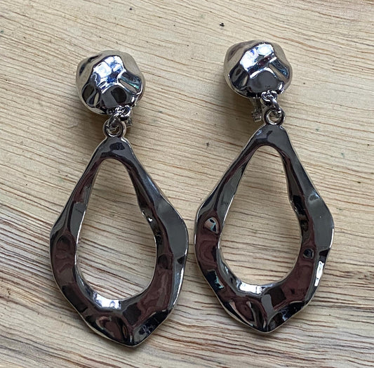 Dangling clip on silver teardrop hoop earrings, modern clip on earrings