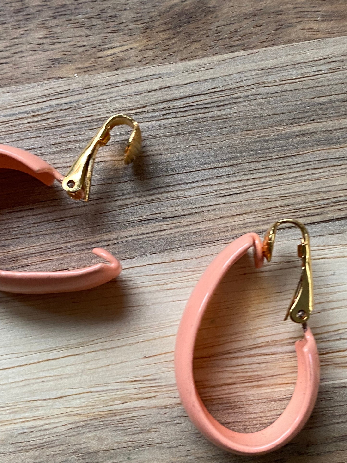 Vintage clip on oblong hoop earrings, peach or cream ear clips