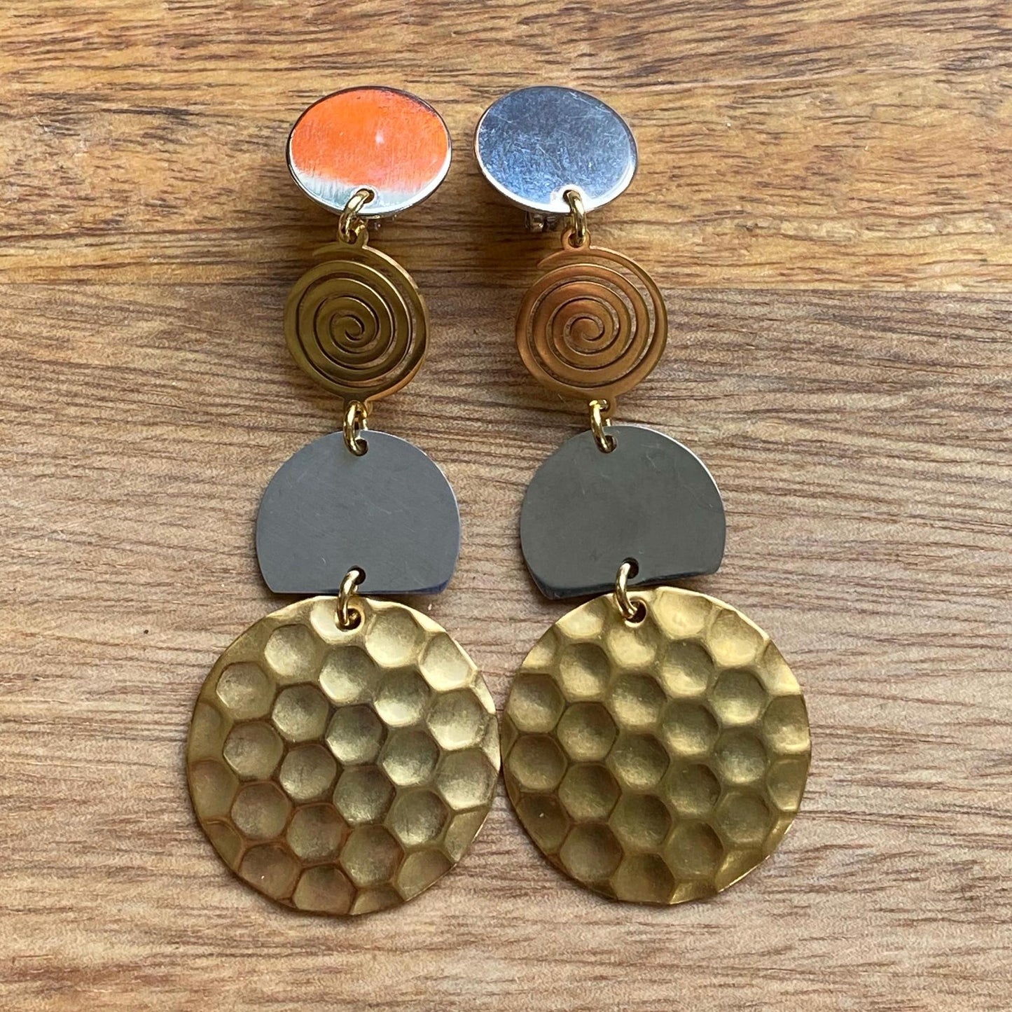 Dangling clip on silver and gold earrings, modern clip on earrings