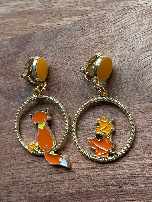 Dangling Asymmetrical autumn fox clip on earrings | fox screwback earrings