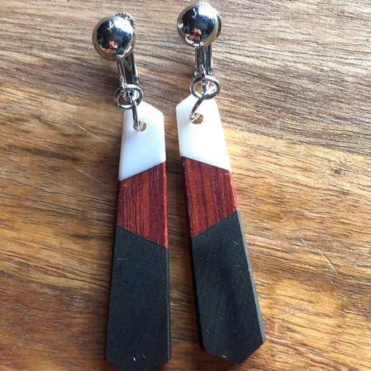 Wood & Resin Dangling Clip-On Earrings | Adjustable Screwback earrings | Handmade Jewelry