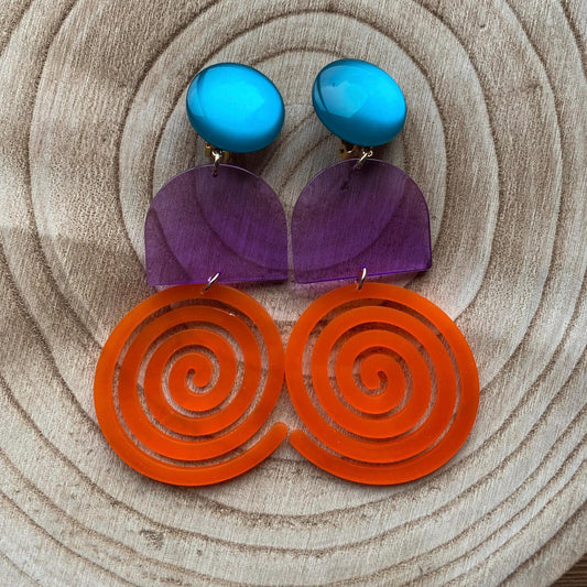 Huge clip on geometric plastic clip on earrings, multicoloured ear clips