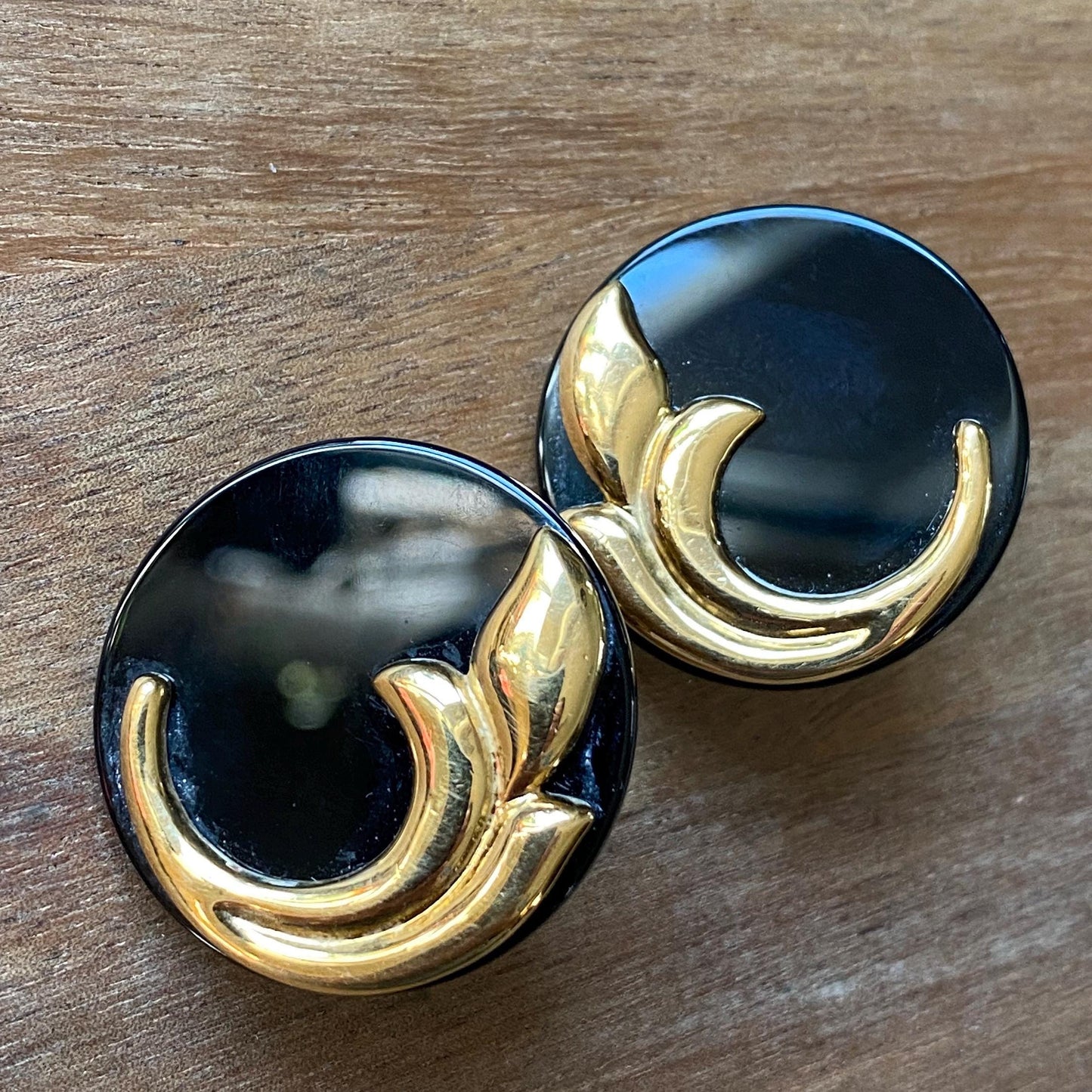 Vintage large unsigned FAC clip on earrings in gold with large black cabochons