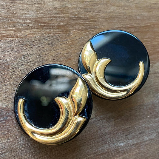 Vintage large unsigned FAC clip on earrings in gold with large black cabochons