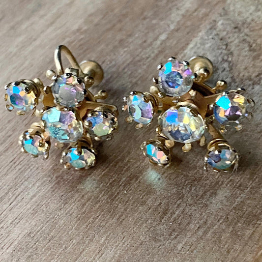 Vintage iridescent rhinestone floral screwback earrings (large) | big rhinestone cluster earrings