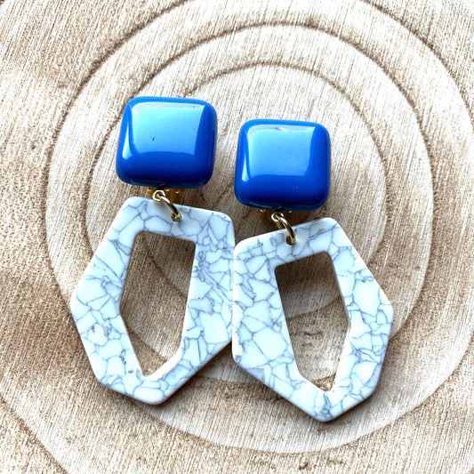 Trendy dangling orange and white drop hoop clip on earrings, dangling handmade earrings, modern clip on earrings for unpierced ears