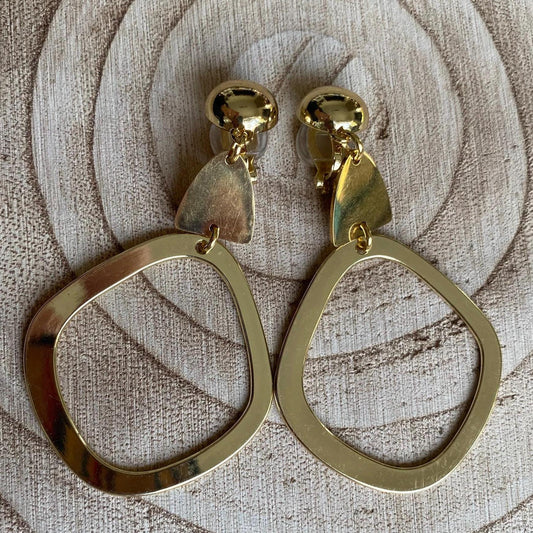 Dangling clip on gold hoop earrings, dangling geometric clip on hoop earrings