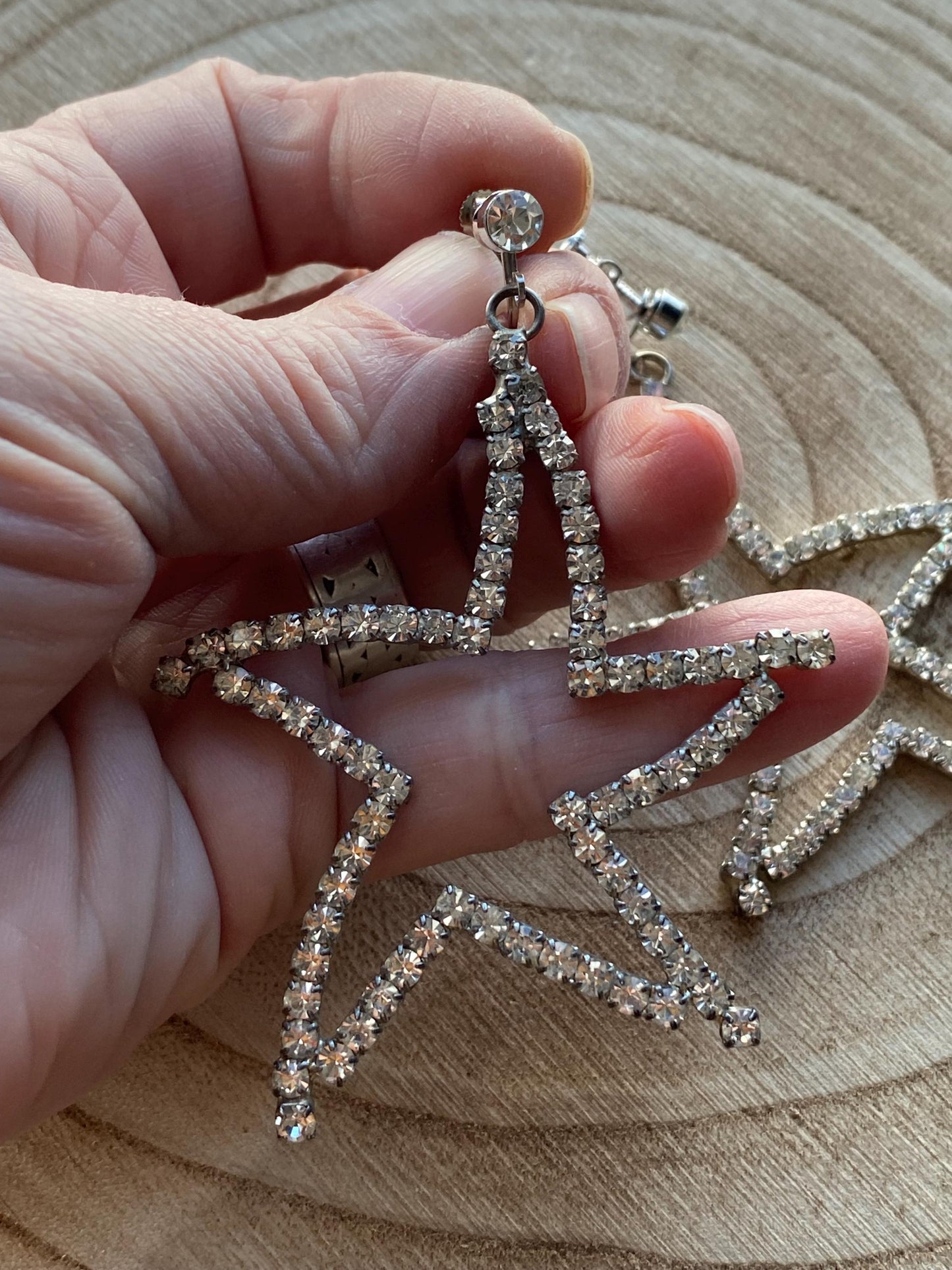 Vintage clip on dangling rhinestone star earrings