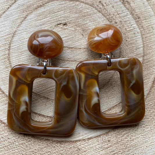 Large clip on brown or blue dangle earrings, modern marbled square ear clips