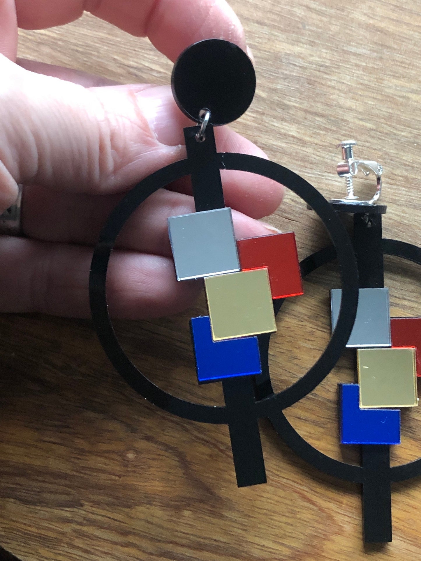 Big trendy dangling laser cut plastic  hoop clip on earrings