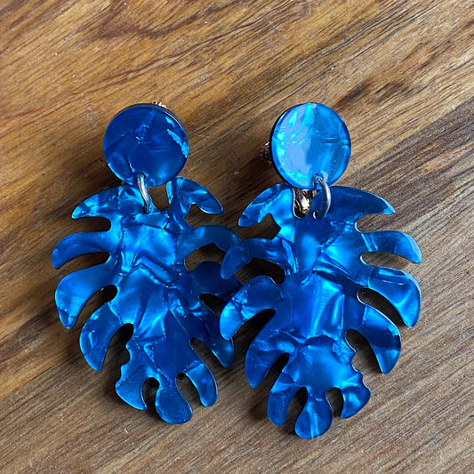 Dangling clip on large monstera leaf earrings