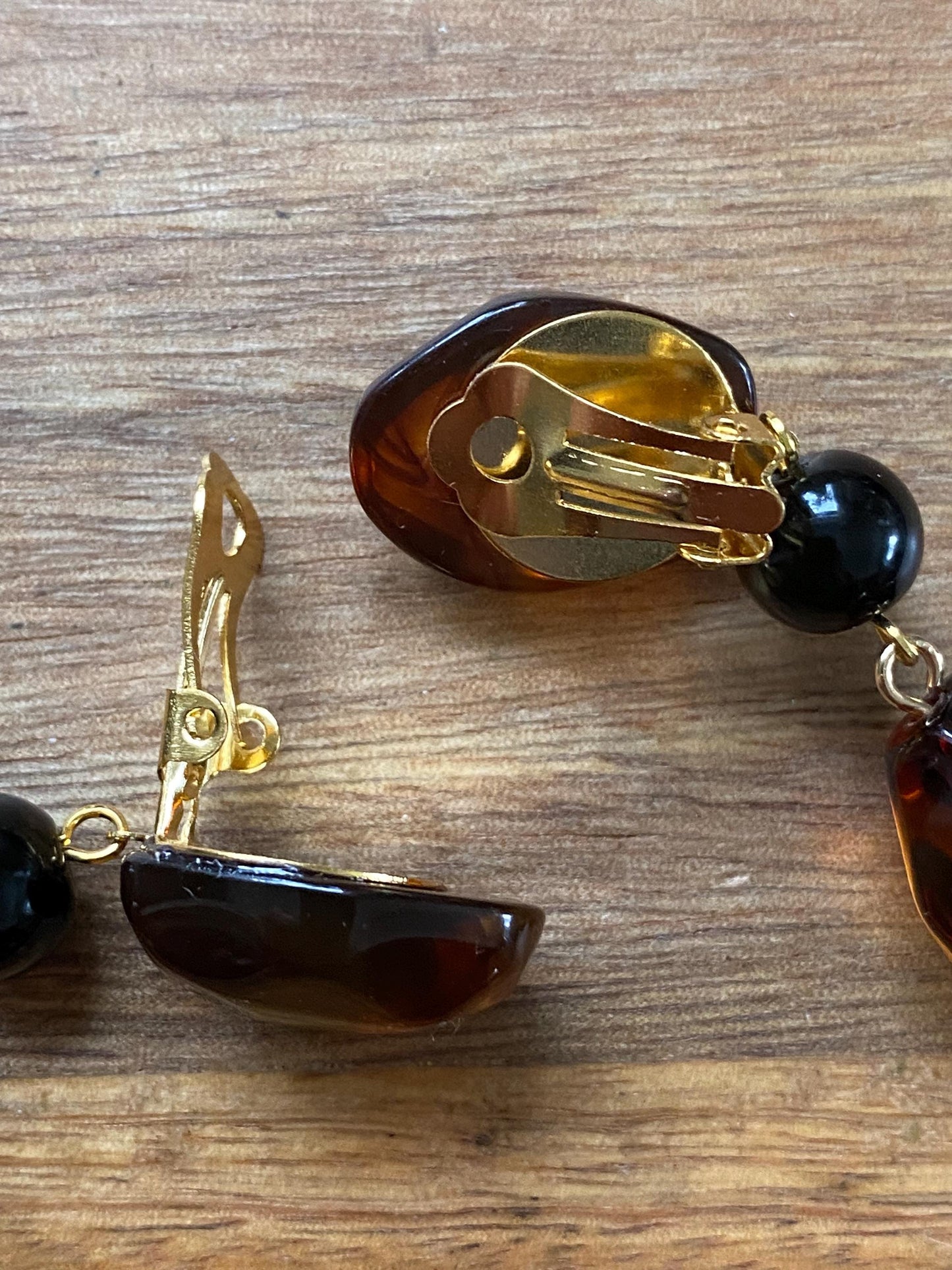 Dangling clip on boho tortoiseshell earrings, dangling neutral brown ear clips