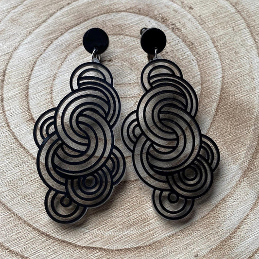 Large black line drawn dangling cloudy clip on earrings, translucent screwback earrings