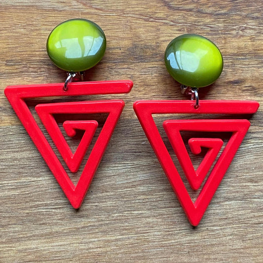 Bright red and green dangling triangle clip on earrings