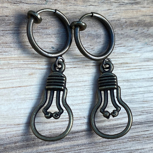 Adorable dangling lightbulb clip on earrings, cute bronze or silver earrings