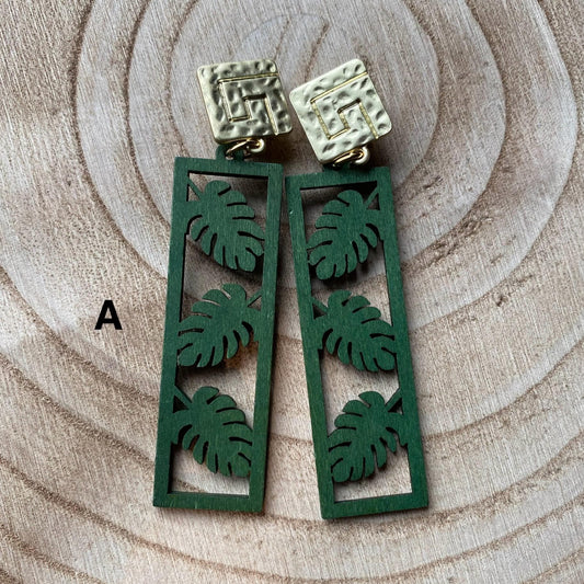 Dangle clip on green wooden earrings, large wooden nature earrings