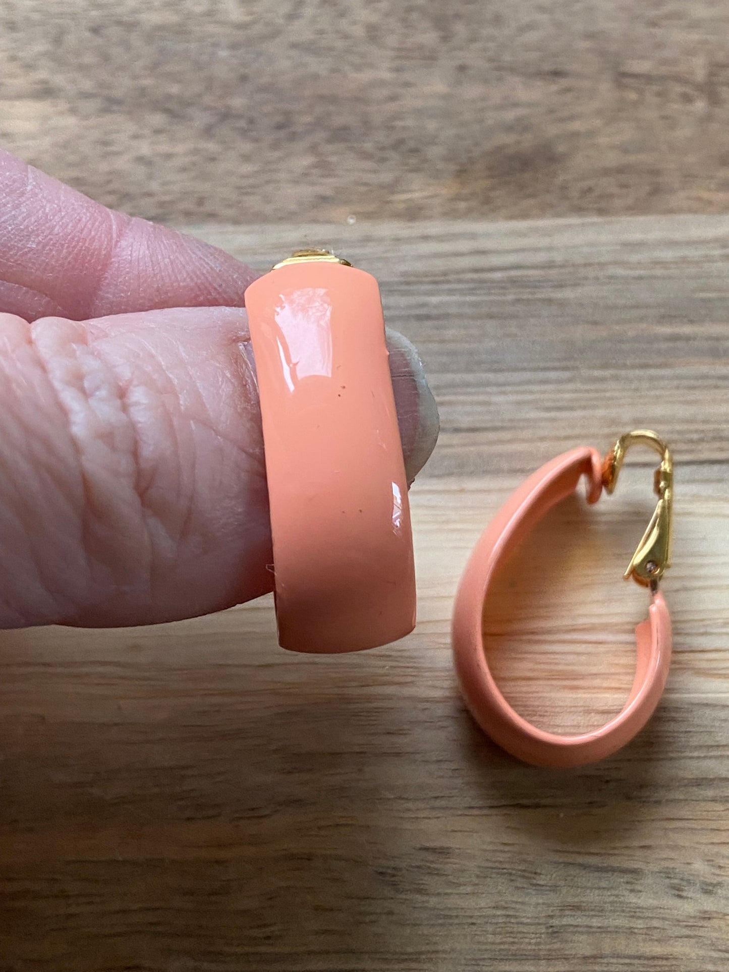 Vintage clip on oblong hoop earrings, peach or cream ear clips