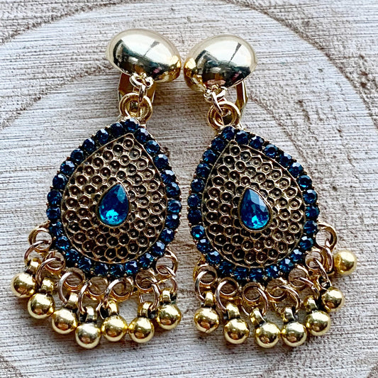Gold clip on fringed rhinestone earrings, dangling gold bell earrings