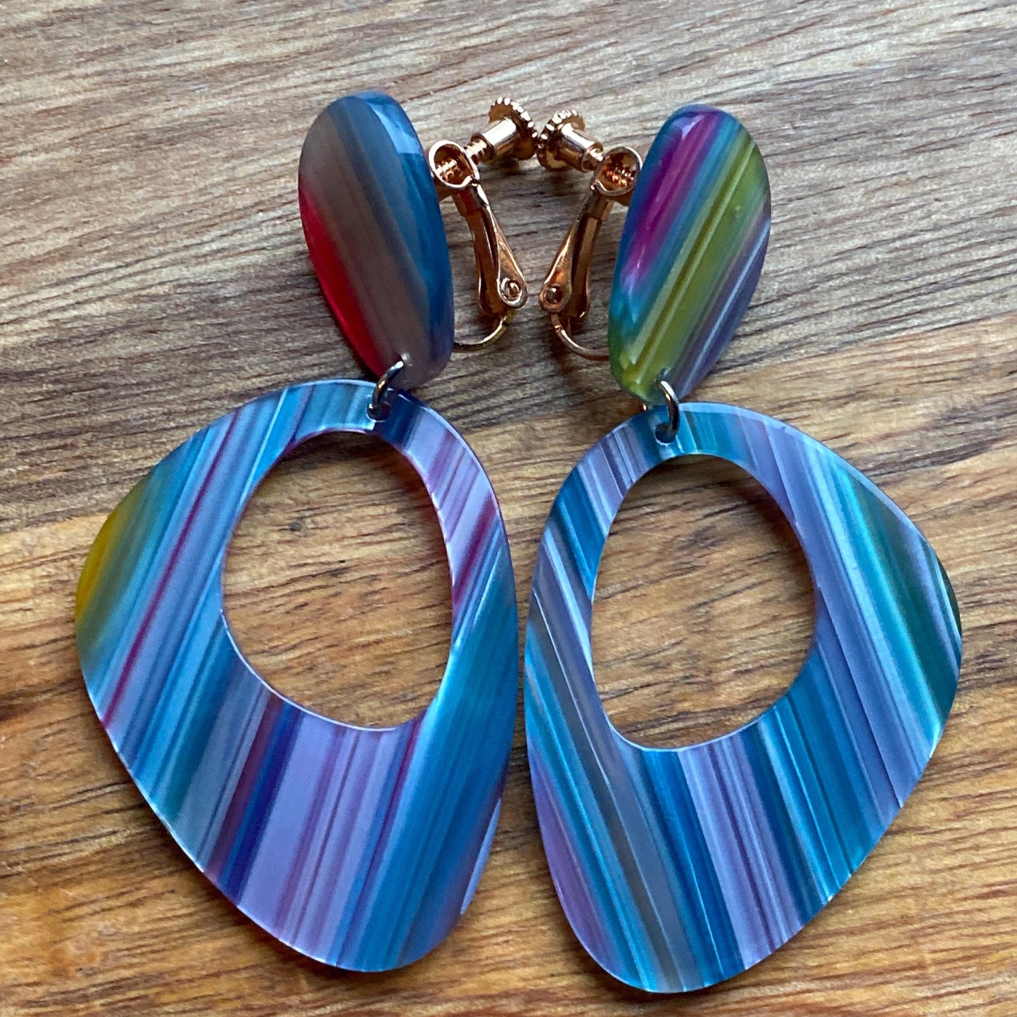 Abstract clip on pastel rainbow dangling clip on earrings