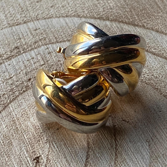 Vintage FAC/Butler clip on earrings, silver and gold half hoops, gold and silver x hoops