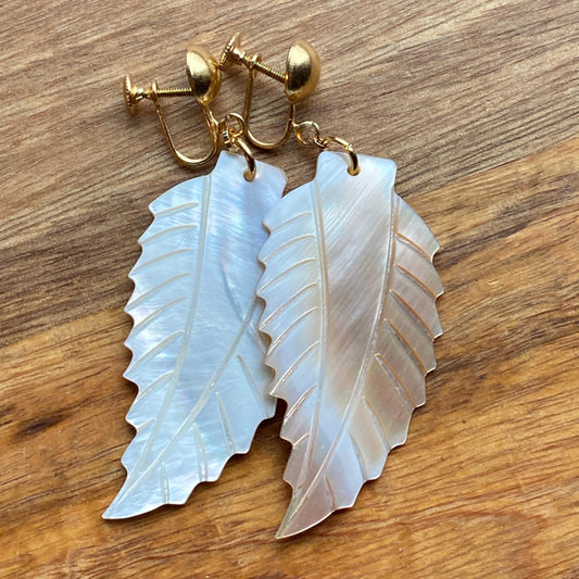 Dangling white leaf clip on earrings, carved shell screwback earrings