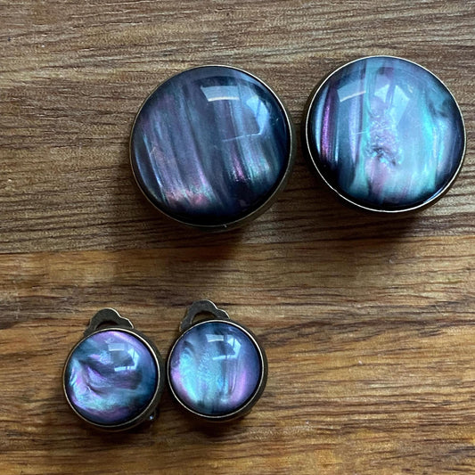 Faux abalone or shell clip on button earrings, northern lights button earrings