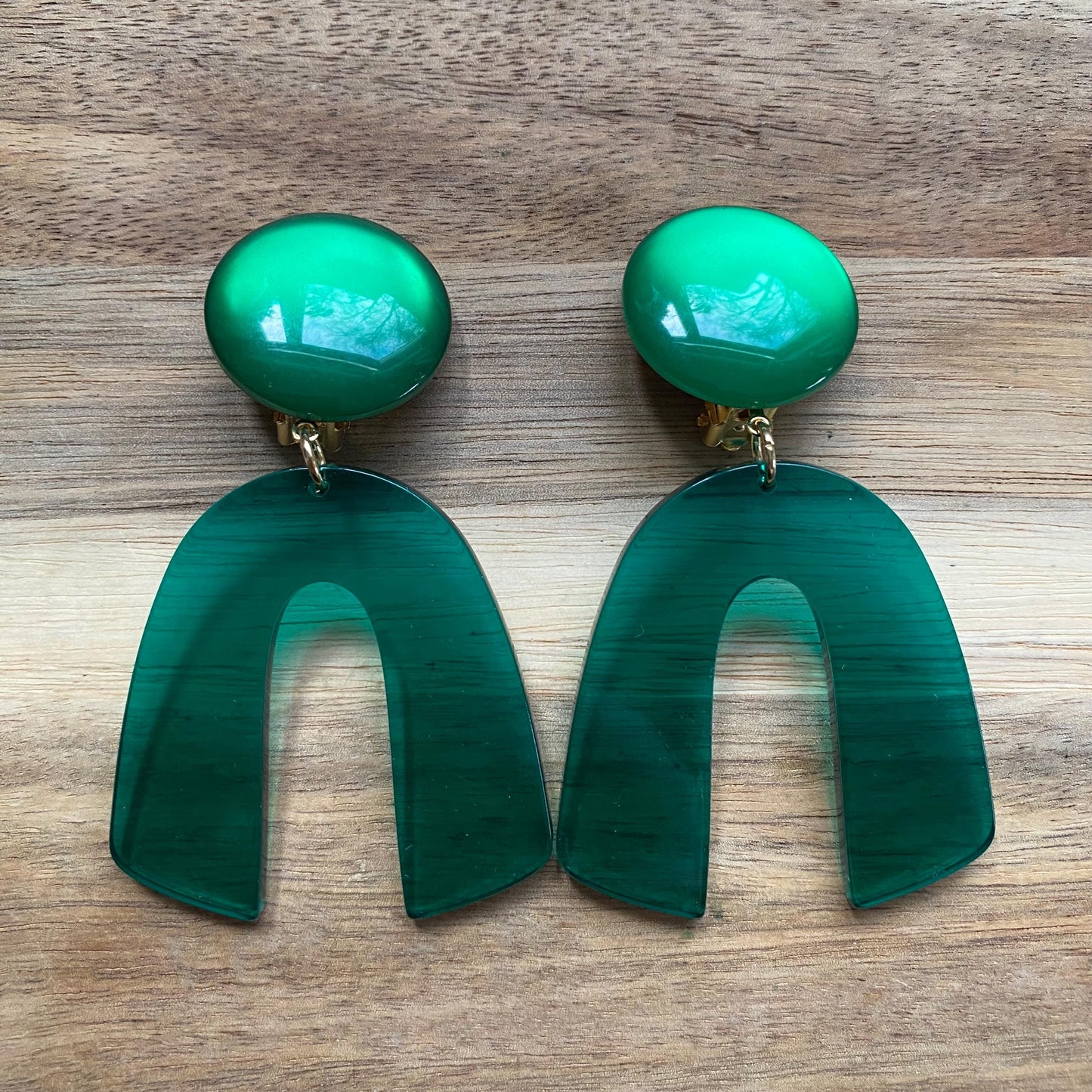 Dangling clip on colourful arch earrings, bright modern dangle earrings