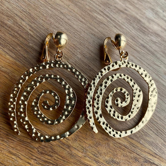 Dangling abstract gold or silver swirl clip on earrings