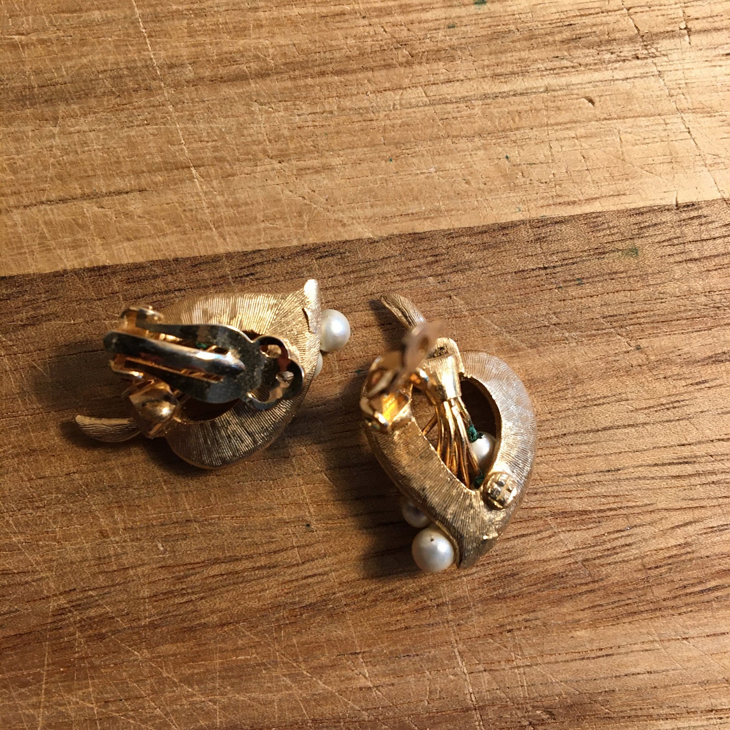 Gold pearl and rhinestone clip-on earrings
