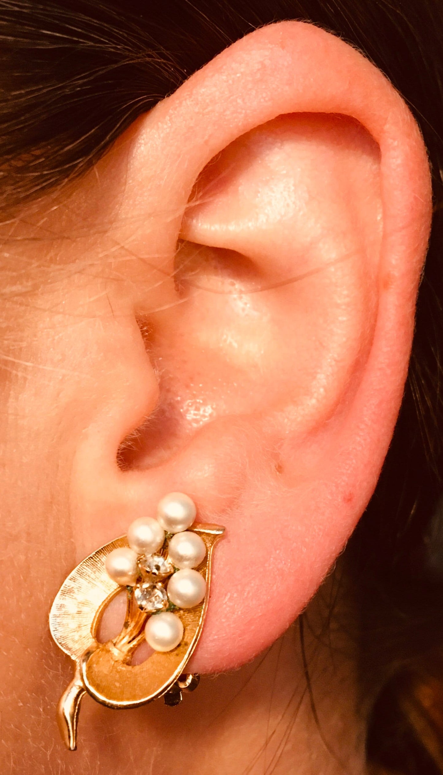 Gold pearl and rhinestone clip-on earrings