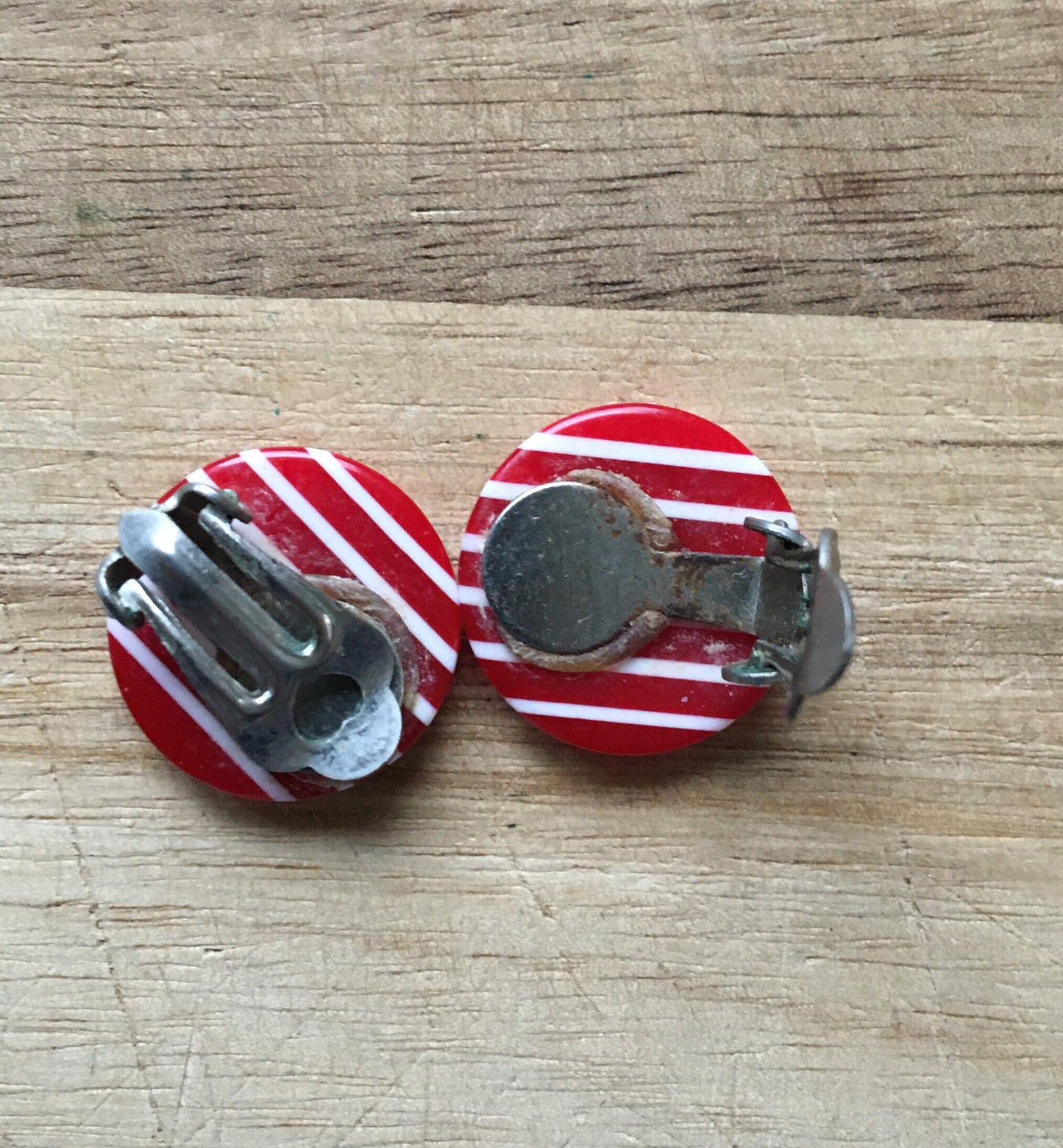 Red and White striped vintage clip on earrings