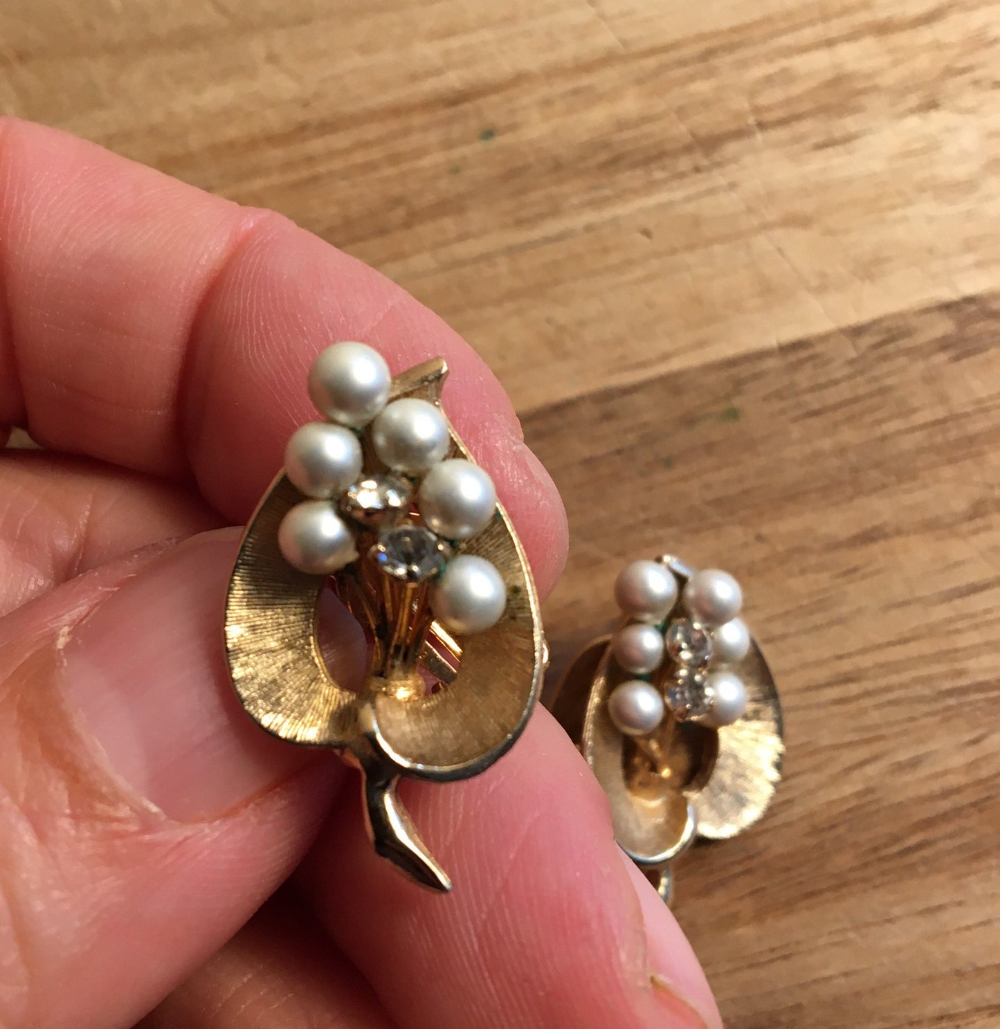 Gold pearl and rhinestone clip-on earrings