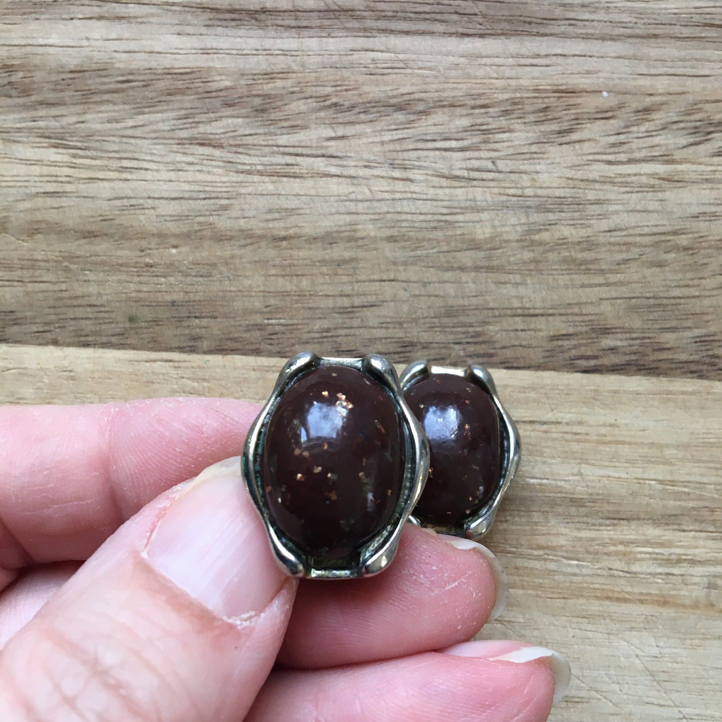 Vintage speckled brown cabochon clip on earrings