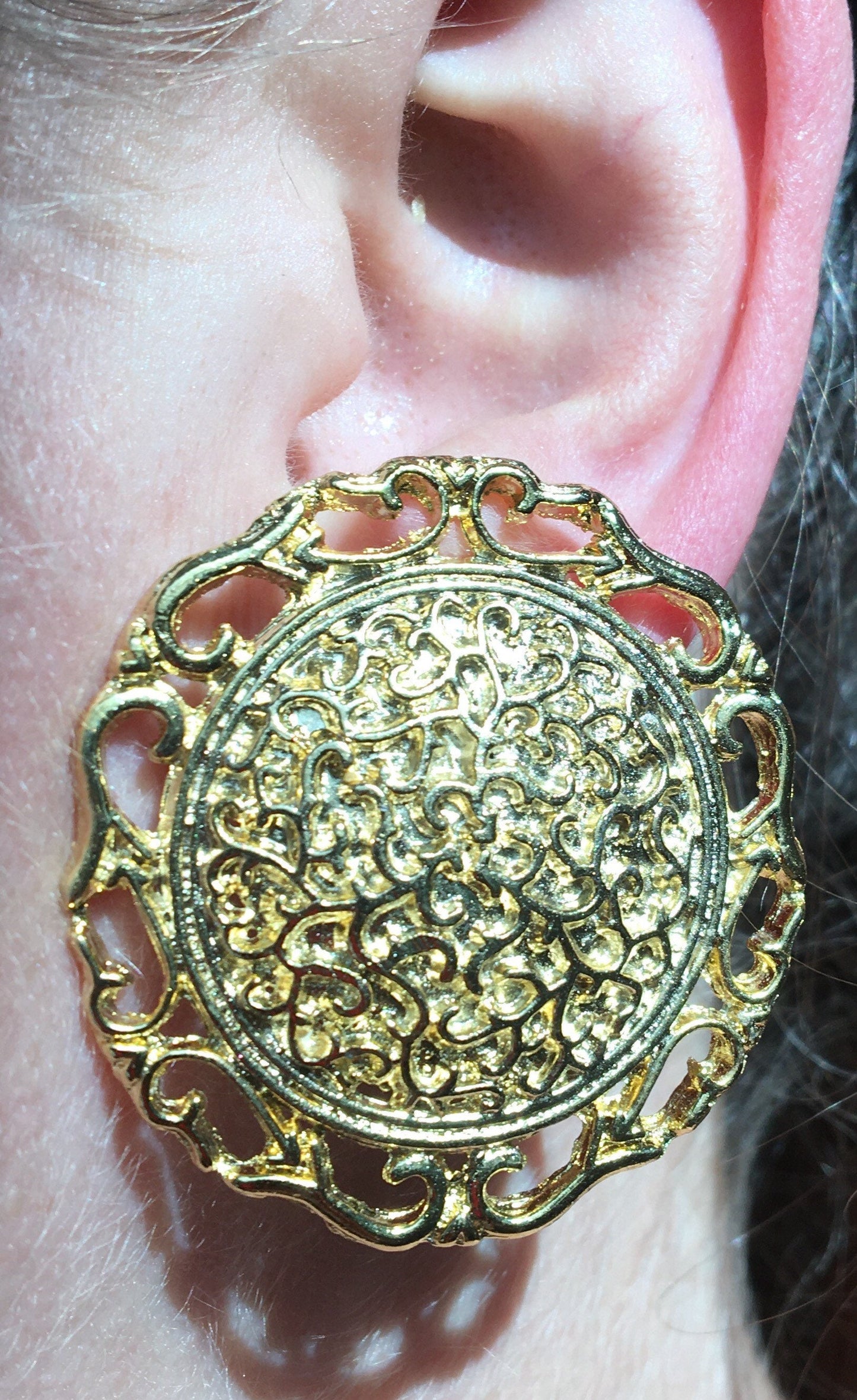 Vintage gold coloured medallion clip on earrings (large)
