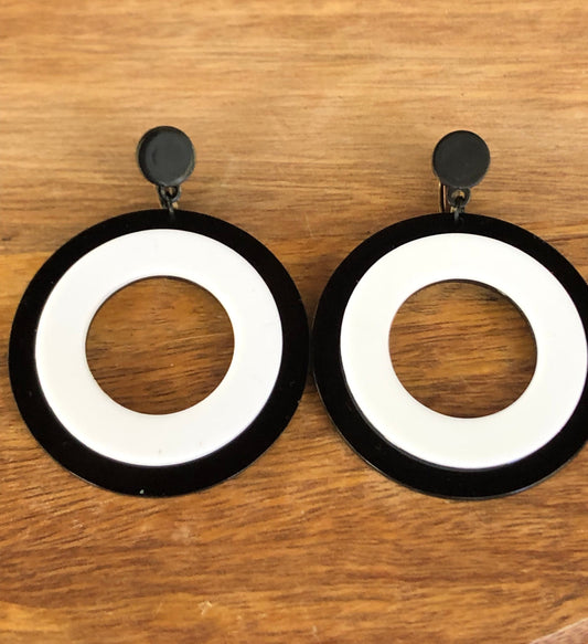 Oversized dangling black and white plastic hoop clip on earrings, dangle screwback hoops