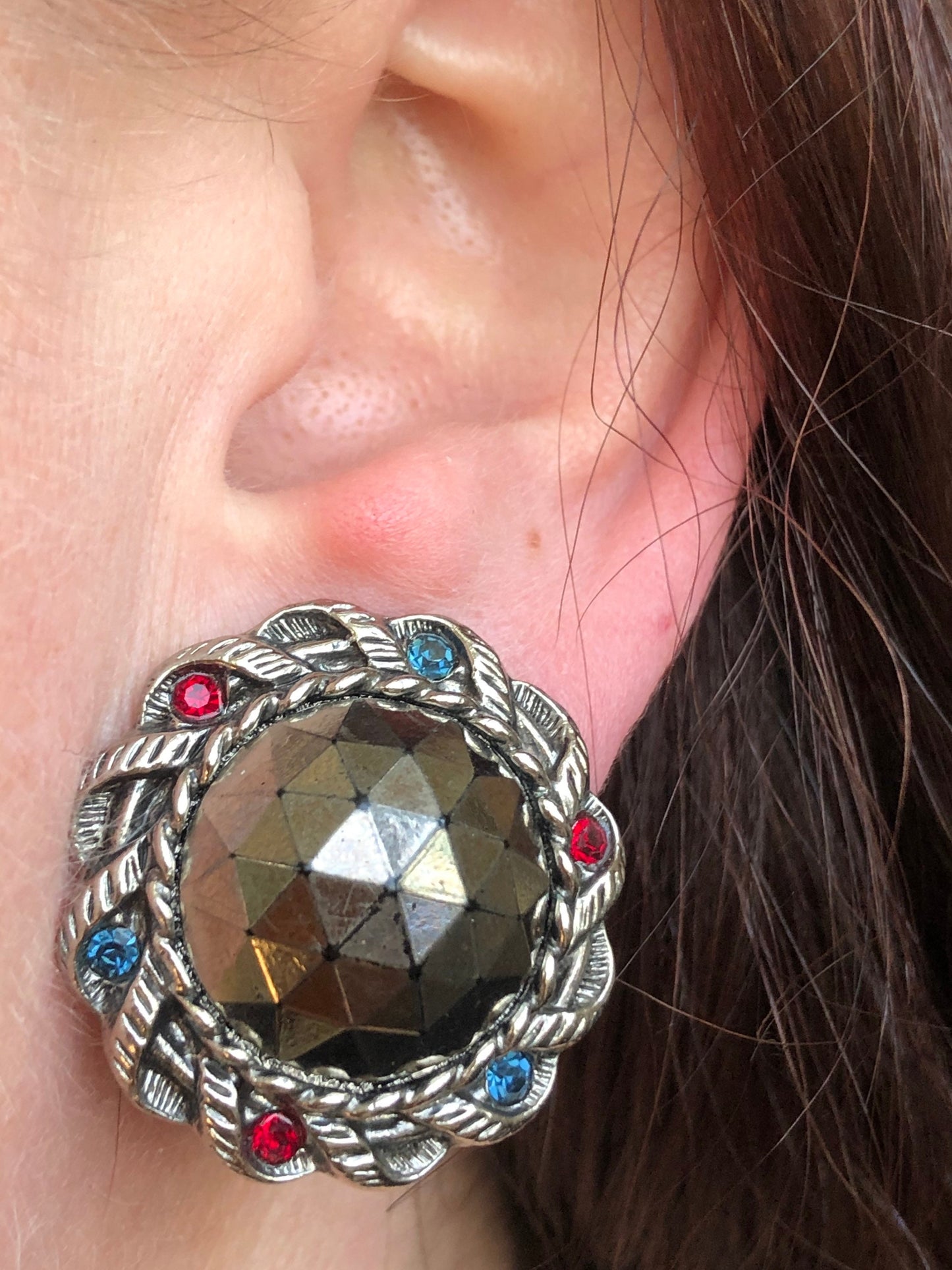 Vintage silver faceted Button clip on earrings in rhinestone settings