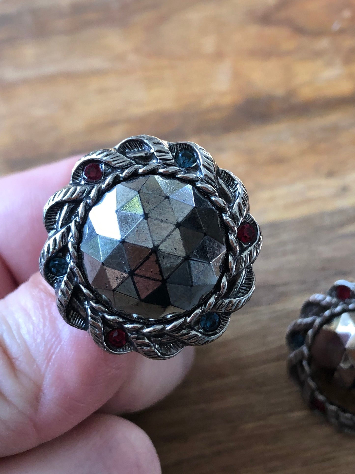 Vintage silver faceted Button clip on earrings in rhinestone settings