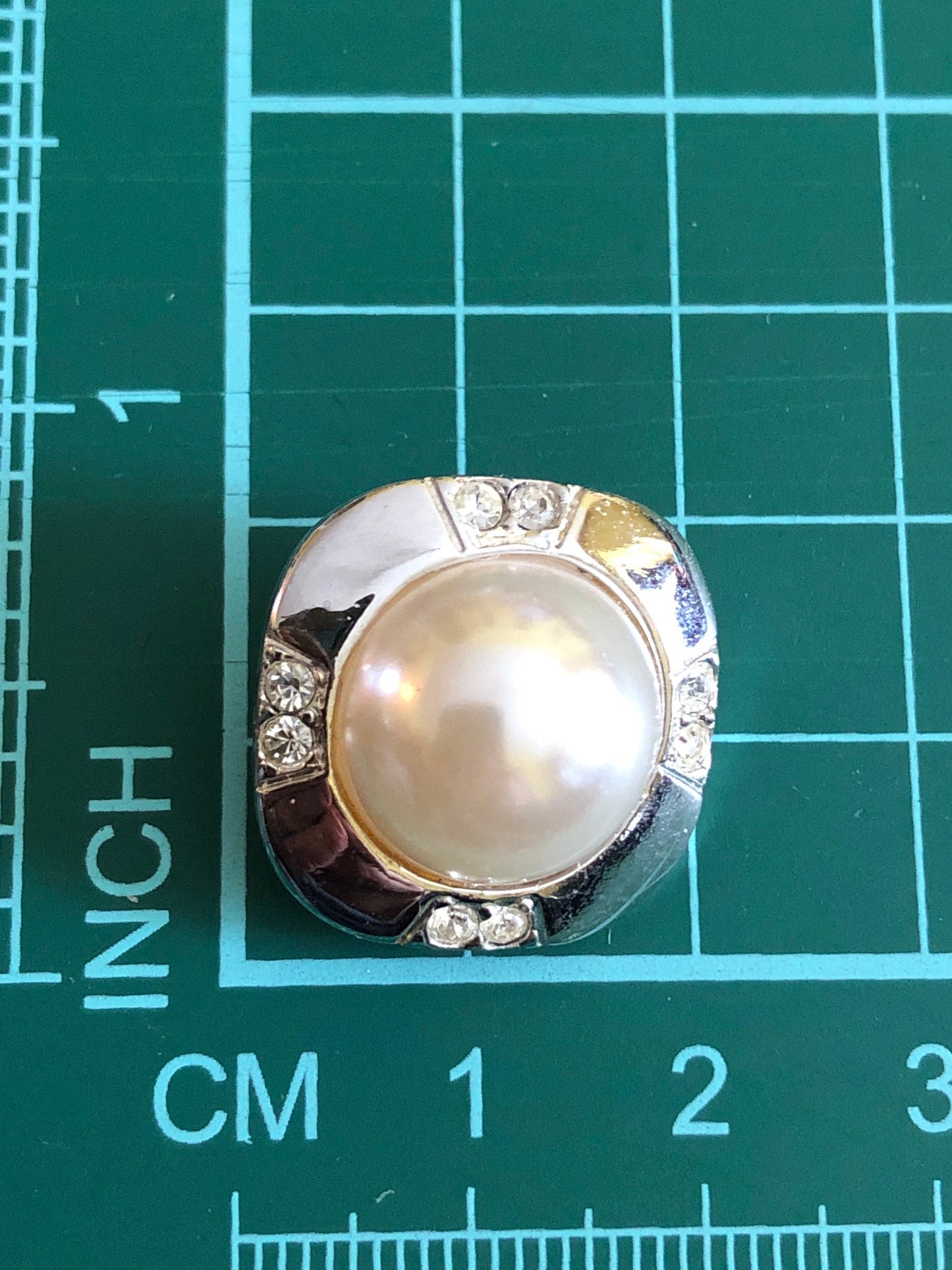 Vintage clip on faux pearl earrings silver rhinestone squares